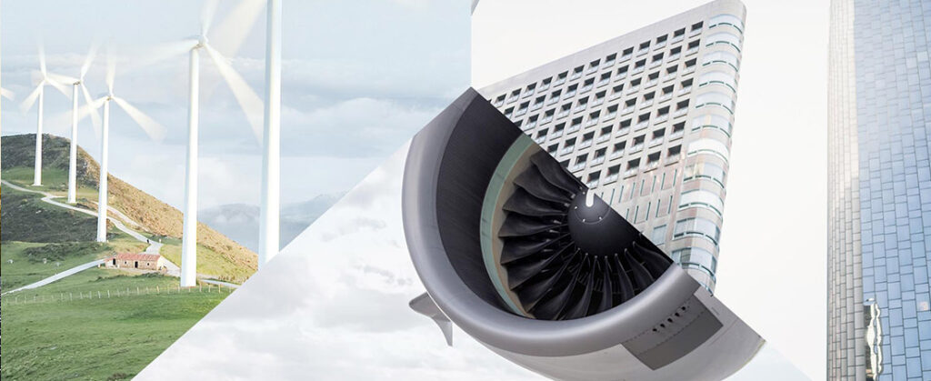 Collage drei Bilder - Windräder, Flugzeug Turbine, große Gebäude Front